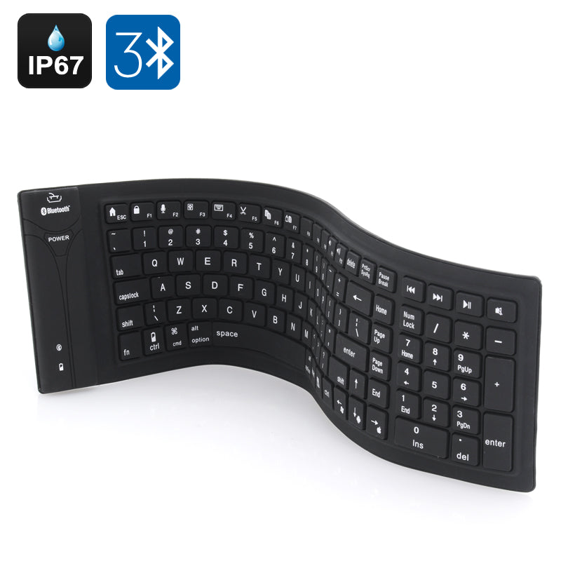 IP67 Bluetooth Wireless Keyboard - Supports PC, Mac, Android + IOS, Flexible Foldable Silicone, Waterproof, Dirt + Dustproof