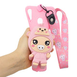 For Samsung A10S A20S TPU Full Protective Cartoon Mobile Phone Cover with Coin Purse+Hanging Lanyard 3 deep pink piglets