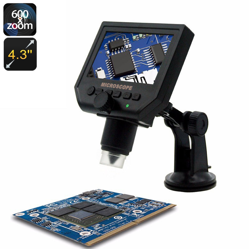 HD Digital Microscope - 600x Zoom, 4.3-Inch HD Display, Built-In Battery, HD Video Recording, Timestamp, Motion Detection