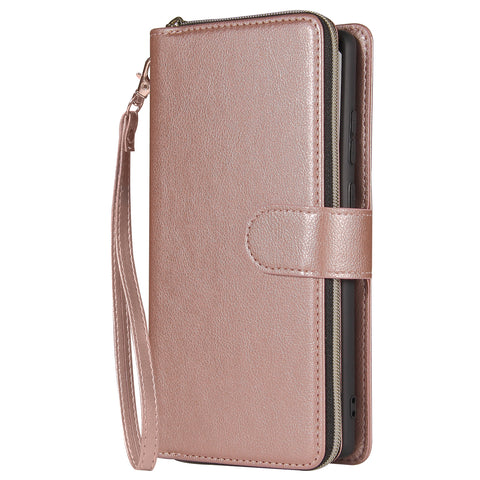 For Samsung A51 5G/A71 5G/Note 10 pro Pu Leather  Mobile Phone Cover Zipper Card Bag + Wrist Strap Rose gold