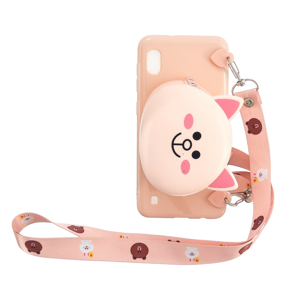 For Samsung A10/A20/A30 Case Mobile Phone Shell Shockproof TPU Cellphone Cover with Cartoon Cat Pig Panda Coin Purse Lovely Shoulder Starp  Pink