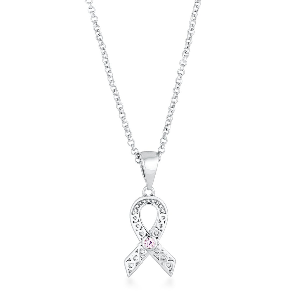 Rhodium Plated Heart Filigree Breast Cancer Awareness Ribbon Pendant