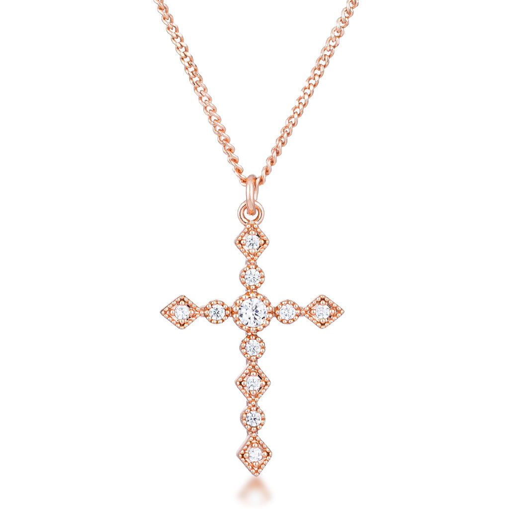 Dainty Art Deco Rose Gold Plated Clear CZ Cross Pendant