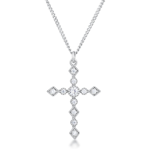 Dainty Art Deco Rhodium Plated Clear CZ Cross Pendant