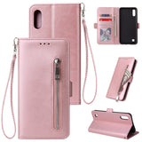 For Samsung A10 Solid Color PU Leather Zipper Wallet Double Buckle Protective Case with Stand & Lanyard Rose gold