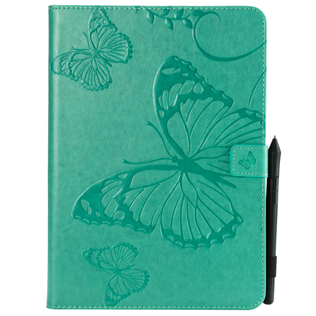 For iPad 5/6/air1/air2 9.7 Fashion Butterfly Embossed PU Leather Magnetic Closure Stand Case Auto Wake/Sleep Cover with Pen Slot green