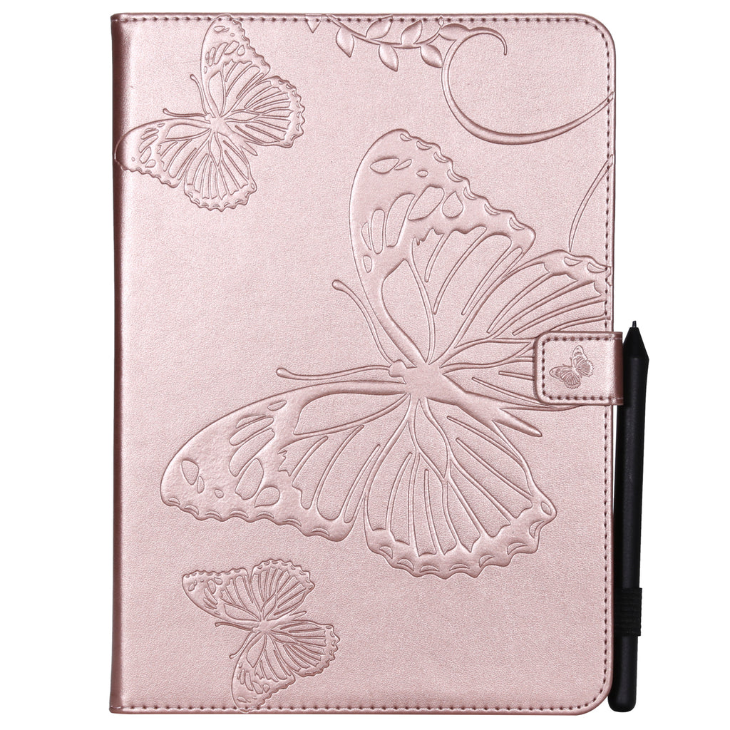 For iPad 5/6/air1/air2 9.7 Fashion Butterfly Embossed PU Leather Magnetic Closure Stand Case Auto Wake/Sleep Cover with Pen Slot Rose gold