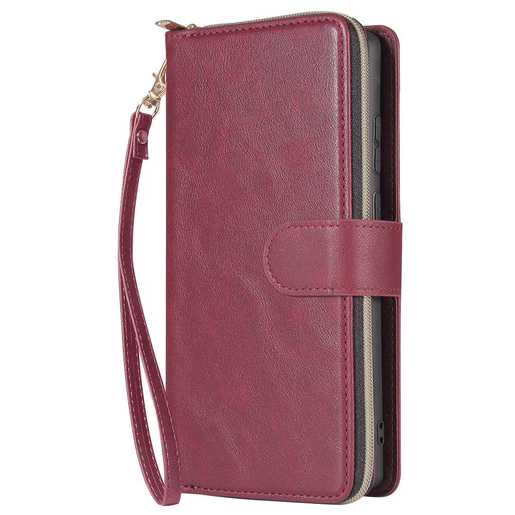 For Samsung A51 5G/A71 5G/Note 10 pro Pu Leather  Mobile Phone Cover Zipper Card Bag + Wrist Strap Red wine