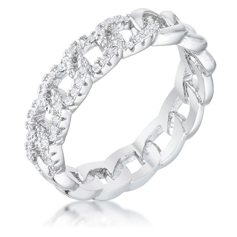 Interlocking Rhodium Chain Design Ring with CZ