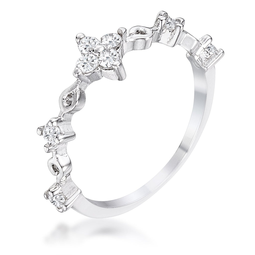 .24Ct Rhodium Plated Clear CZ Mini Floral Half Eternity Stackable Band