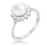 .36Ct Rhodium Plated Freshwater Pearl and CZ Halo Ring