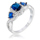 1.43Ct Rhodium & Hematite Plated Sapphire Blue & Clear CZ Three Stone Twisted  Ring