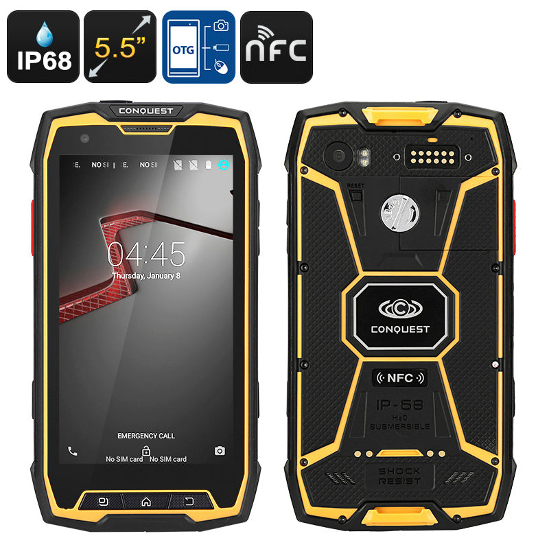 Conquest S9 Rugged Smartphone - Android OS, IP68, Octa-Core CPU, 5.5 Inch Display, 2GB RAM, OTG, NFC (Yellow)