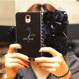 Luxury Rose Bling Pearl Flower Flip Leather Wallet Card Holder Purse Case Cover Black for iphone 5 and 5S