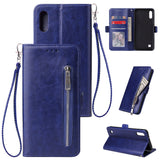 For Samsung A10 Solid Color PU Leather Zipper Wallet Double Buckle Protective Case with Stand & Lanyard purple