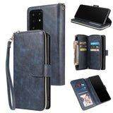 For Samsung S10/S20/S10E/ S10 Plus Pu Leather  Mobile Phone Cover Zipper Card Bag + Wrist Strap blue