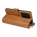 For Samsung S10/S20/S10E/ S10 Plus Pu Leather  Mobile Phone Cover Zipper Card Bag + Wrist Strap brown