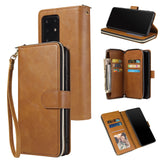 For Samsung S10/S20/S10E/ S10 Plus Pu Leather  Mobile Phone Cover Zipper Card Bag + Wrist Strap brown