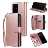 For Samsung S10/S20/S10E/ S10 Plus Pu Leather  Mobile Phone Cover Zipper Card Bag + Wrist Strap Rose gold