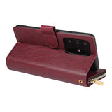 For Samsung S10/S20/S10E/ S10 Plus Pu Leather  Mobile Phone Cover Zipper Card Bag + Wrist Strap Red wine