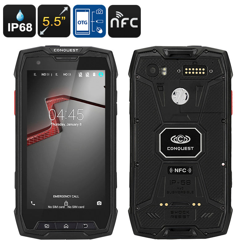 Conquest S9 Rugged Smartphone - IP68, Octa-Core CPU, Android OS, NFC, OTG, 2GB RAM, 5.5 Inch Display (Black)