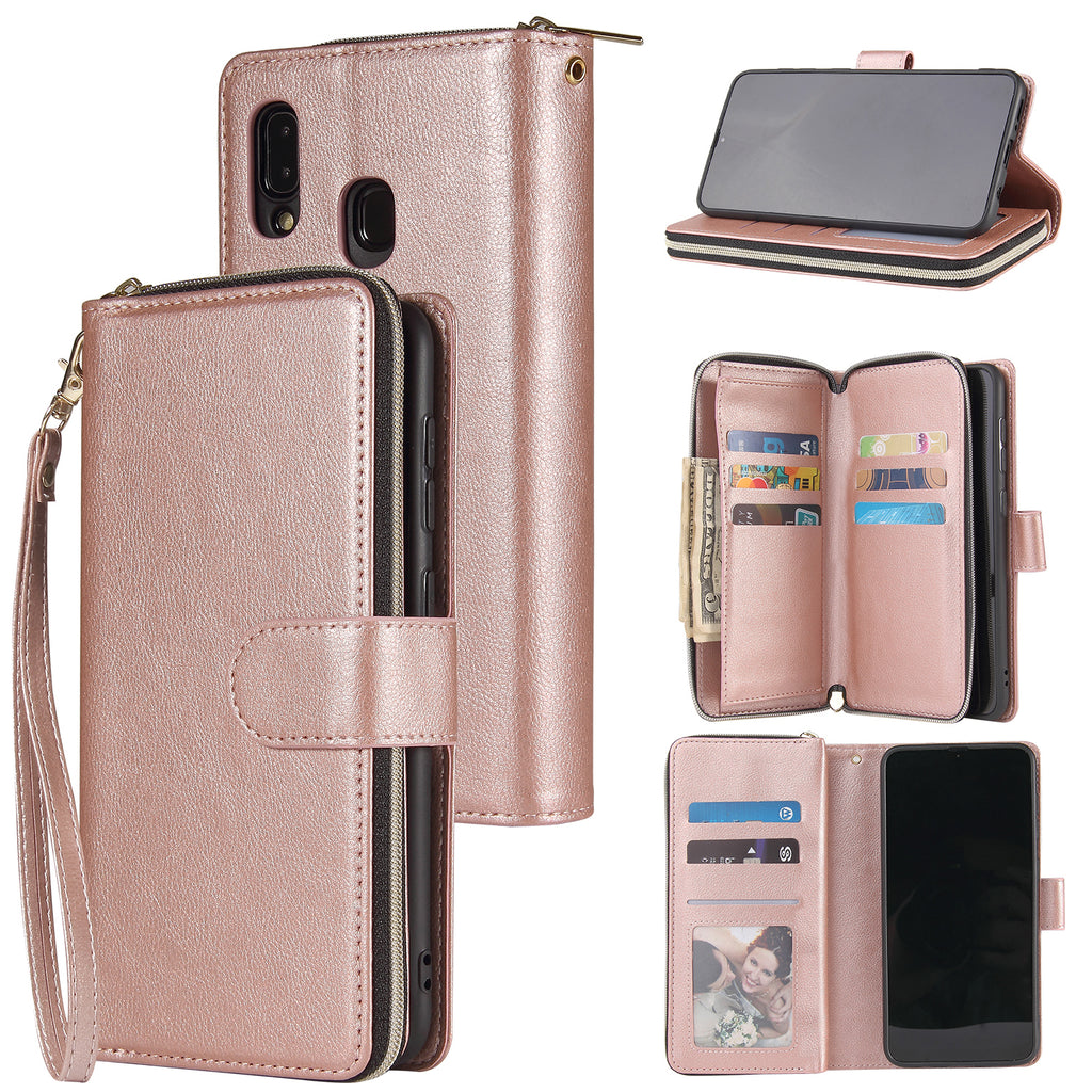 For Samsung A10/A20/A30/A50/A30S/A50S Pu Leather  Mobile Phone Cover Zipper Card Bag + Wrist Strap Rose gold