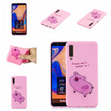 For Samsung A7 2018 Cartoon Lovely Coloured Painted Soft TPU Back Cover Non-slip Shockproof Full Protective Case with Lanyard Rose red