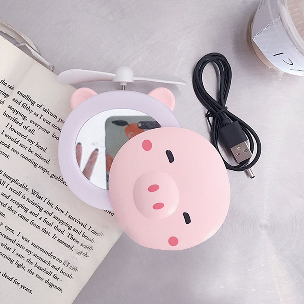 Cartoon Pig Portable LED Fill Light Makeup Mirror Fan USB Charging Portable Handheld Mini Fan  Closed eyes_General purpose