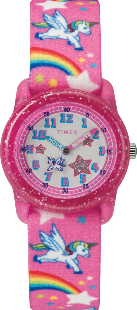 Timex TW7C25500 Youth Pink Rainbows/Unicorns Adjustable Elastic Fabric Strap Watch