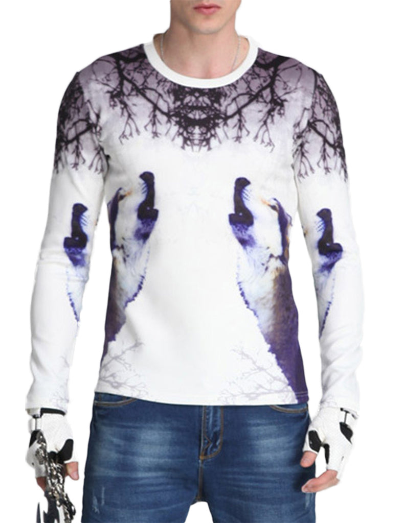 Men's Fashion Slim Long Sleeve Digital Print T-shirt  White XL equal to American M