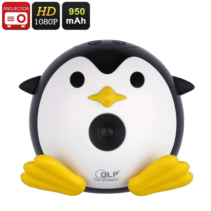 DLP Mini Projector - Penguin Design, DLP Technology, 40 Lumens, 1080p Support, Built-In 8W Speaker, 950mAh