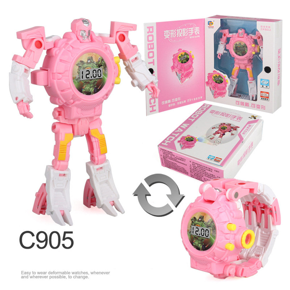 Cartoon Watch Toy Deformation Robot Electronic with Project Children's Toys Pink belt projection