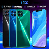 i12 6.7Inch Large Screen Phone Notch Screen Android Quickly Unlock Smartphone(10+512G) blue_European plug