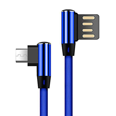 Double Elbow 90 Degree Micro USB Nylon 2.4A Fast Charging Data Transmission Cable Charger Adapter for Phone blue