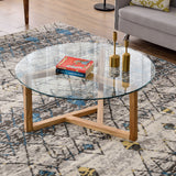 Round Glass Coffee Table for Living Room with Tempered Glass Top &amp; Sturdy Wood Base (Oak) AL