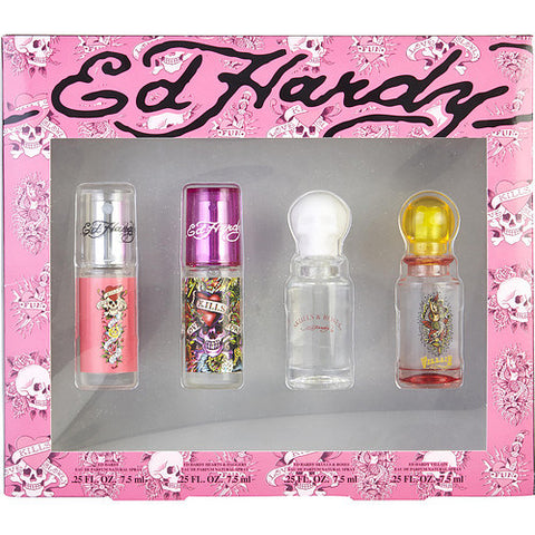 ED HARDY VARIETY by Christian Audigier 4 PIECE WOMENS MINI SET WITH ED HARDY & ED HARDY HEARTS & DAGGERS & ED HARDY SKULLS & ROSES & ED HARDY VILLAIN & ALL ARE EAU DE PARFUM SPRAY .25 OZ MINIS