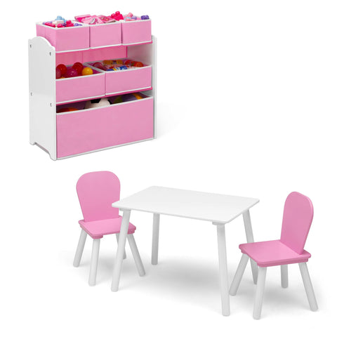 Children 4-Piece Toddler Playroom Set – Includes Play Table and Toy Organizer; Pink/White