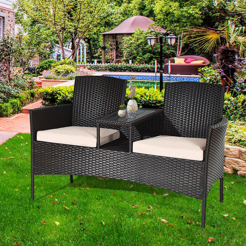 Patio Rattan Conversation Set Loveseat Sofa Cushioned Coffee Table Mix Brown