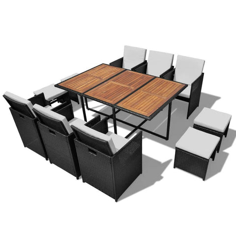 11 Piece Outdoor Dining Set Poly Rattan and Acacia Wood Black