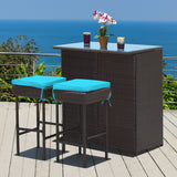 3PCS Patio Rattan Wicker Bar Table Stools Dining Set Cushioned Chairs Turquoise