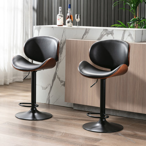 Barstools (Set of 2) Mid Century Modern Bentwood Adjustable Height Gas Lift Bar Stool in Black PU Leather Cushion Counter