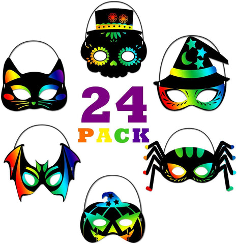 24PCS Magic Rainbow Scratch Art Masks Kits Bulk - Skeleton Cat Witch Pumpkin Bat Spider Decorations for Kids Ages 3-8