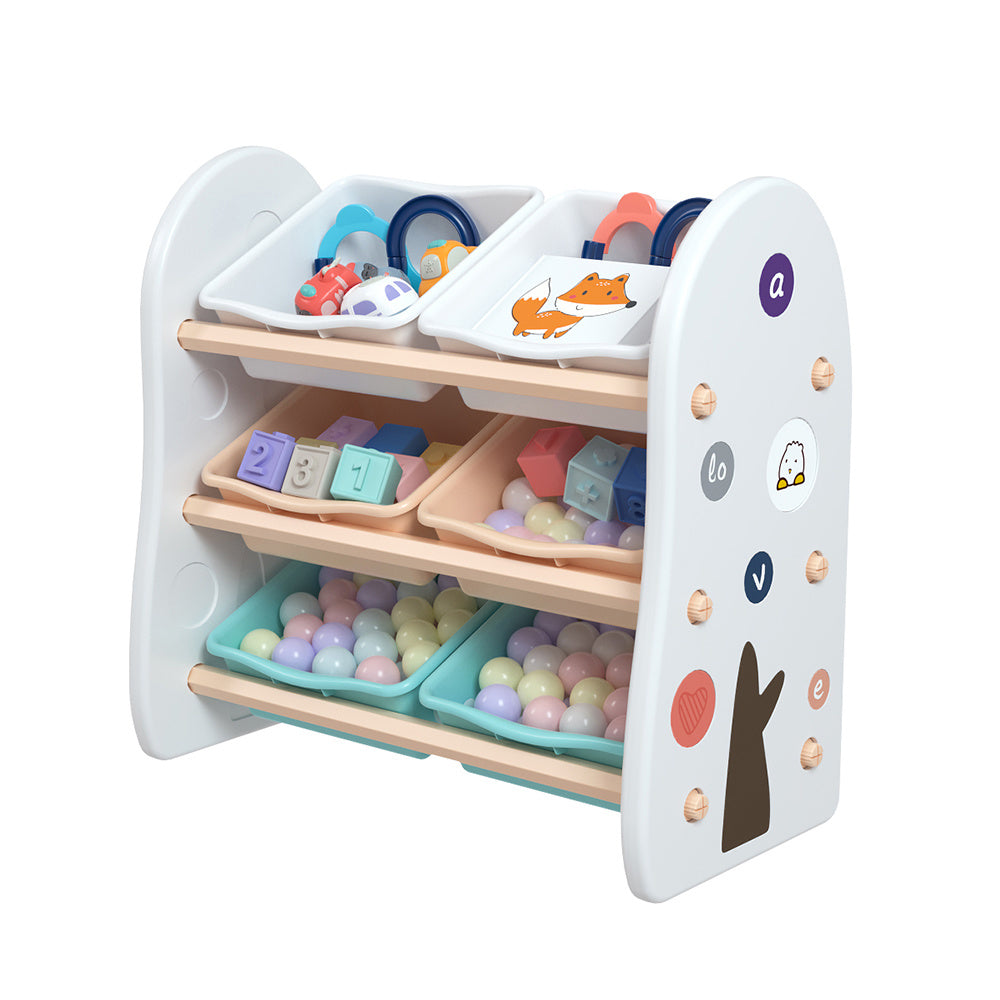 Wooden Kids' Toy Storage Organizer with 6 Plastic Bins for Kid's Bedroom Playroom