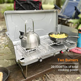 Outdoor propane camping stove;  20; 000 BTUs Portable camping stove with 2 burners