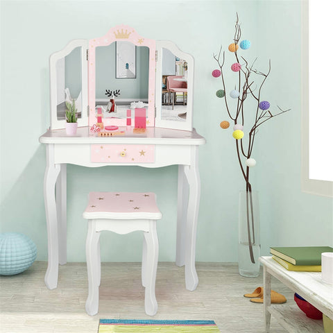 Wooden Toy Children's Dressing Table Three Foldable Mirror/Chair/Single Drawer Pink Star Style