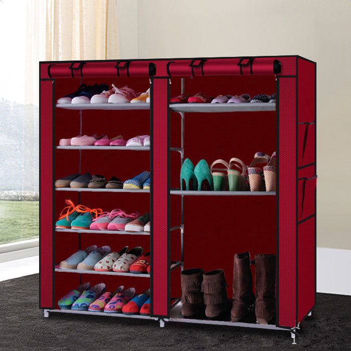 Double Rows Home Shoe Rack Shelf Storage Closet Organizer Cabinet Portable Cover Wine Red