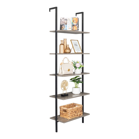 5-Shelf Wood Ladder Bookcase with Metal Frame, Industrial 5-Tier Modern Ladder Shelf Wood Shelves,Gray YJ