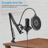 Studio Condenser USB Microphone Computer PC Microphone Kit with Adjustable Scissor Arm Stand and Mic Gain Knob Shock Mount for Instruments Voice Overs,Streaming Broadcast and YouTube Videos