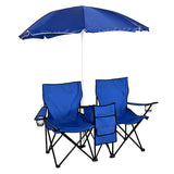 Camping Portable Outdoor 2-Seat Folding Chair with Removable Sun Umbrella Blue