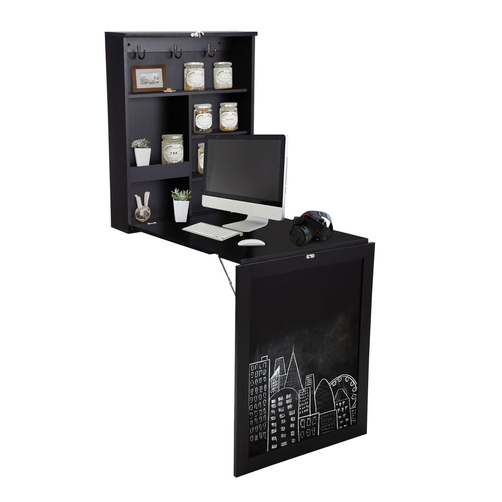 Floating Wall Mounted Table, Foldable Desk with Storage Shelves and Blackboard